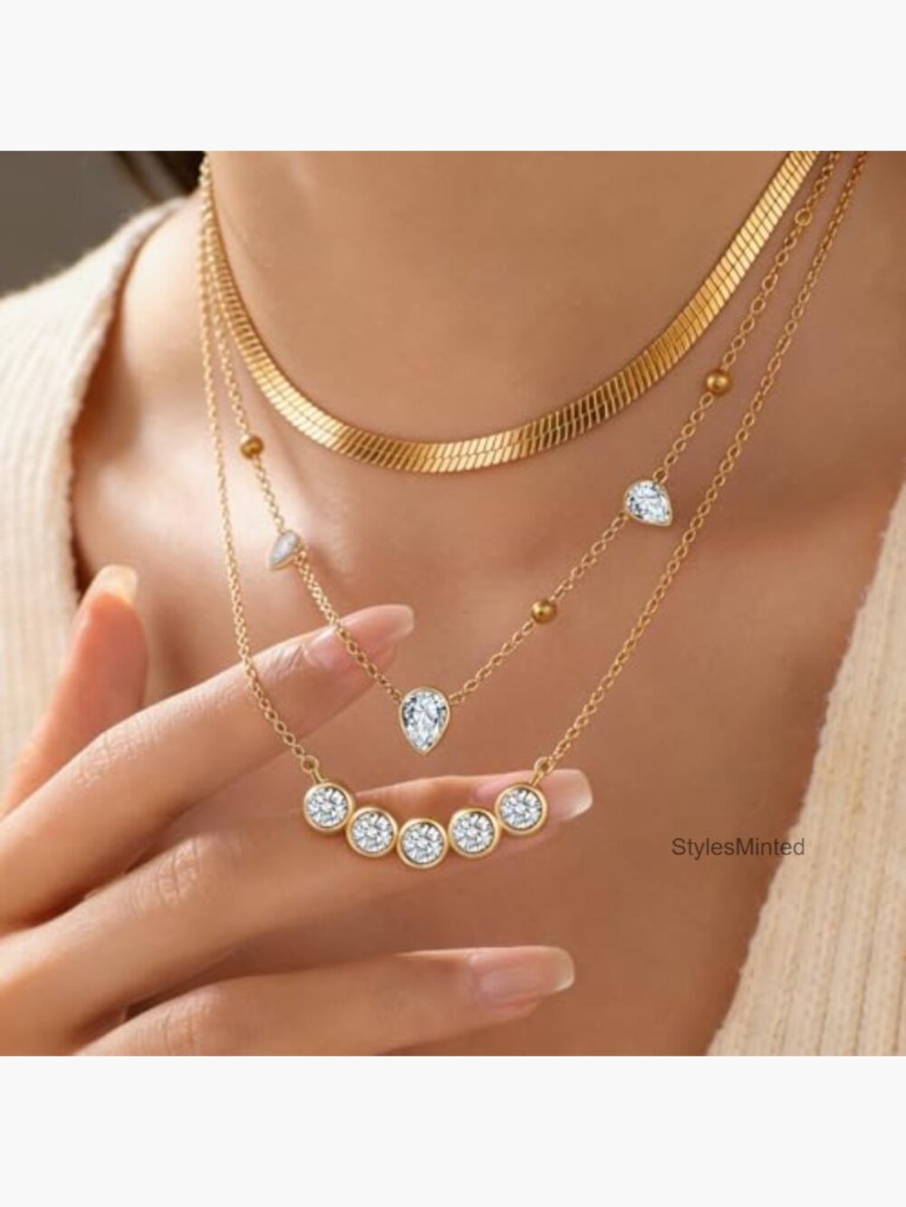 Layered Gold Necklace Set - Stacking Choker, Teardrop Station Chain, Pendant, - Picture 5 of 7